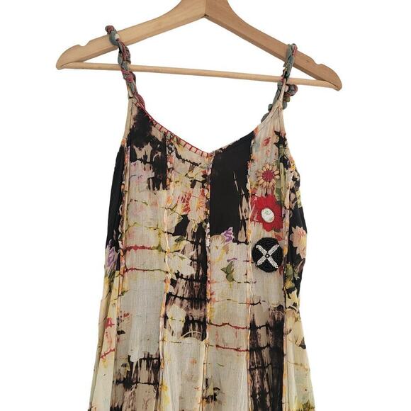 Tianello Layered Ruffle Tie Dye Beaded Floral Summer V Neck Midi Dress XS - Picture 5 of 14